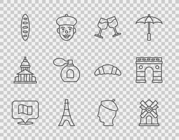 Set line Σημαία Γαλλία, Windmill, Ποτήρι κρασιού, πύργος του Άιφελ, γαλλική μπαγκέτα ψωμί, Άρωμα, άνθρωπος και Triumphal Arch εικονίδιο. Διάνυσμα — Διανυσματικό Αρχείο