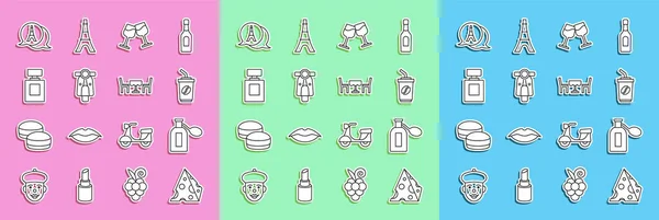 Set line Sýr, Parfém, Káva pohár jít, Víno sklo, Scooter, Eiffelova věž a francouzská kavárna ikona. Vektor — Stockový vektor