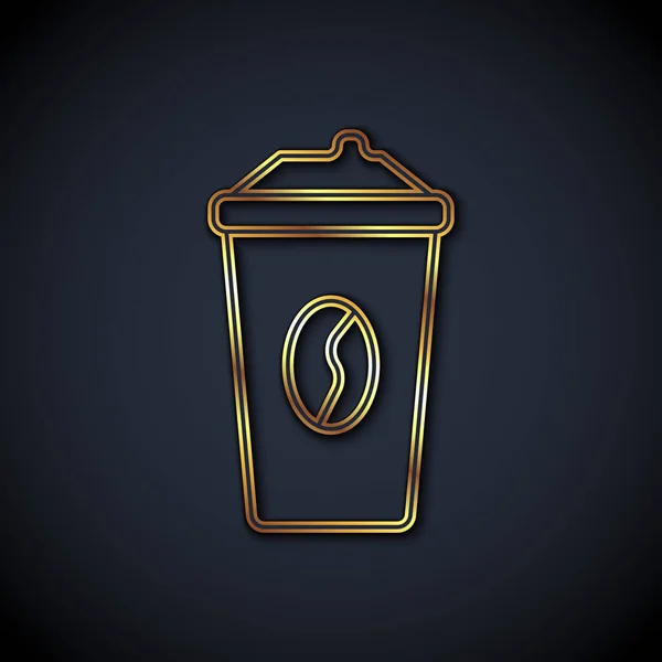 Linha de ouro xícara de café para ir ícone isolado no fundo preto. Vetor — Vetor de Stock