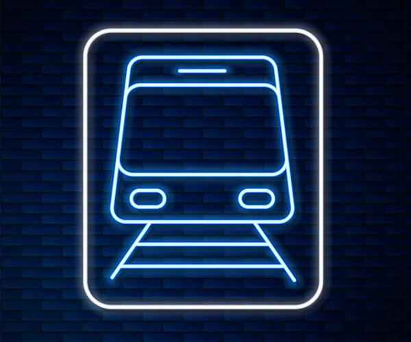 Glödande neon line Tåg och järnväg ikon isolerad på tegel vägg bakgrund. Kollektivtrafikens symbol. Tunnelbanetåg. Tunnelbana. Vektor — Stock vektor