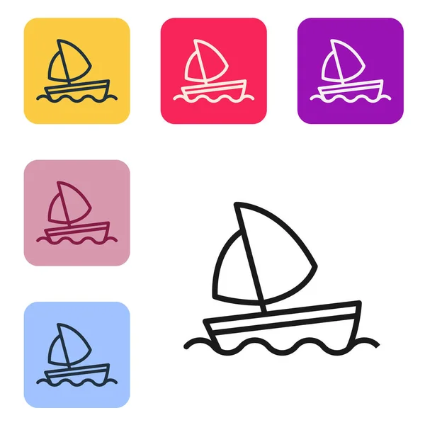 Черная линия Яхта парусная лодка или парусный корабль иконка изолированы на белом фоне. Морской круиз на паруснике. Поставьте их в цветные квадратные пуговицы. Вектор — стоковый вектор