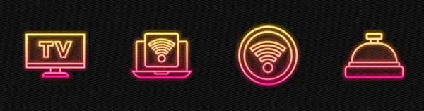 Beállítás vonal Wi-Fi vezeték nélküli, Smart Tv, Vezeték nélküli laptop és Hotel service bell. Ragyogó neon ikon. Vektor — Stock Vector