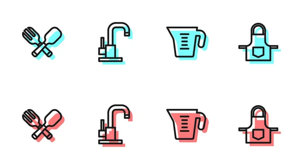 Set line Measuring cup, Crossed fork and spoon, Water tap and Kitchen apron icon. Vector — Stock Vector