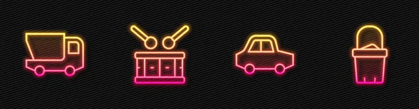 Set line Toy car, truck, Drum with drum sticks and Sand in bucket. Glowing neon icon. Vector — Stock Vector