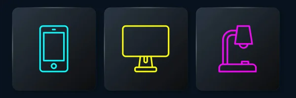 Definir linha Telefone móvel, lâmpada de mesa e monitor de computador. Botão quadrado preto. Vetor —  Vetores de Stock