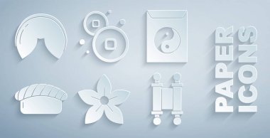 Lotus çiçeği, Yin Yang ve zarf, Suşi, Kehanet, kağıt, parşömen, parşömen, Çin Yuan parası ve fal kurabiyesi ikonu. Vektör