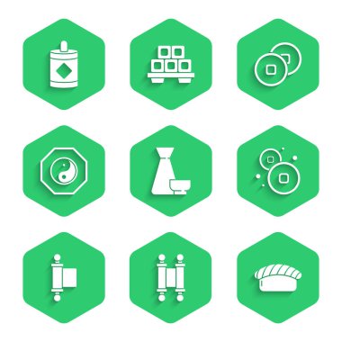 Çin çay seremonisi, kararname, kağıt, parşömen, parşömen, parşömen, suşi, Yuan para birimi, Yin Yang ve havai fişek ikonu. Vektör