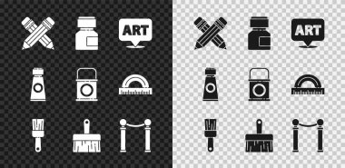 Çapraz kalemi silgi, boya, guaj, kavanoz, boya, konuşma baloncuğu metin sanatı, fırça, resim sergisi, metro paleti ve kova simgesi ile ayarla. Vektör