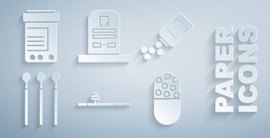 Afyon piposu, ilaç şişesi ve hapları kibrit ya da tablet olarak ayarla. Vektör