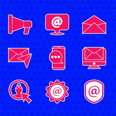 Sohbet mesajlarını telefon, e-posta, Shield, Monitor zarfı, hesap ekranı, Envelope ve Megaphone simgesi ile ayarla. Vektör