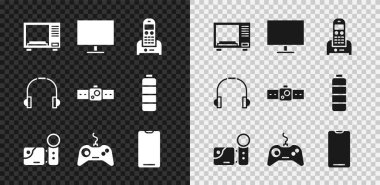 Mikrodalga fırını, bilgisayar monitörü ekranı, telefon, sinema kamerası, oyun platformu, akıllı telefon, cep telefonu, kulaklık ve akıllı twatch simgesini ayarlayın. Vektör