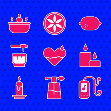 Set Heart Şifa, Parfüm, Müzik çalar, yanan mum, Bal Kutusu Çubuğu, Limon ve Küvet ikonu. Vektör