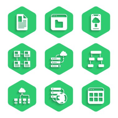 Ağ bulut bağlantısını, Tarayıcı dosyalarını, Hiyerarşi organizogram şemasını, Bilgisayar ağını, Bulut teknoloji veri transferini ve Dosya belge simgesini ayarla. Vektör