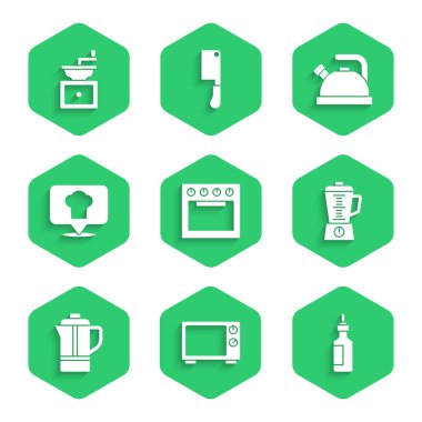 Fırın, mikrodalga fırın, bir şişe zeytinyağı, blender, çaydanlık, konumu olan şef şapkası, kettle sapı ve el yapımı kahve öğütücü ikonu. Vektör