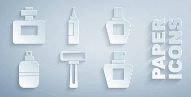 Traş bıçağı, parfüm, krem losyon kozmetik tüpü ve ikonu hazırlayın. Vektör