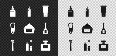 Krem veya losyon kozmetik tüpü, makyaj fırçası, Mascara, parfüm, ayak ve ikon için sünger taşı. Vektör