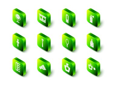 Göz farı paleti, bir şişe şampuan, parfüm, krem ya da losyon kozmetik tüpü, el aynası ve ikon. Vektör