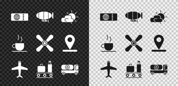 Állítsa repülőjegy, Léghajó, Nap és felhő időjárás, Repülőtér szállítószalag bőrönddel, Üzemanyag tartálykocsi, Kávé csésze és propeller ikon. Vektor — Stock Vector