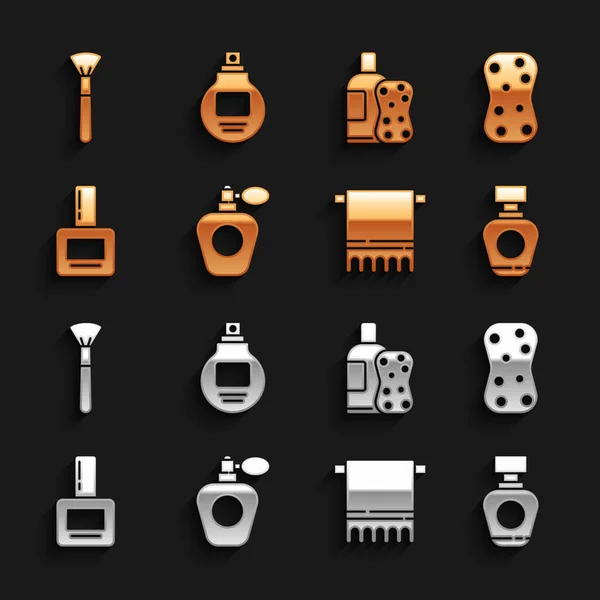 Set Perfume, Esponja con burbujas, Toalla una percha, Esmalte de uñas, Botella de champú y esponja, Cepillo de maquillaje e icono. Vector — Vector de stock