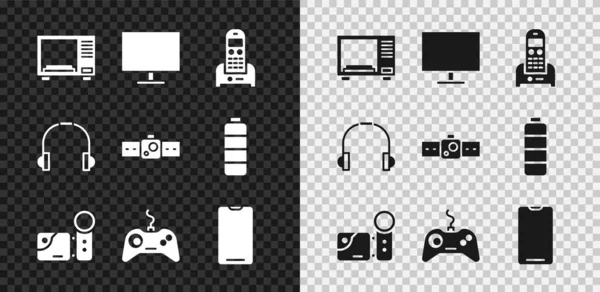 Set Microwave oven, Computer monitor screen, Telephone, Cinema camera, Gamepad, Smartphone, mobile, Headphones and Smartwatch icon. Vector — Stock Vector