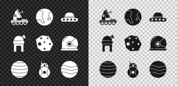 Conjunto de Marte rover, globo terráqueo, OVNI nave espacial, planeta Venus, robot, observatorio astronómico y asteroide icono. Vector — Archivo Imágenes Vectoriales