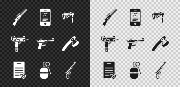 Set Hunting gun, Shop weapon mobile app, Submachine M3, Firearms license 인증서 , Hand grenade, Revolver, UZI 서브 머신 및 사막 독수리 아이콘. Vector — 스톡 벡터