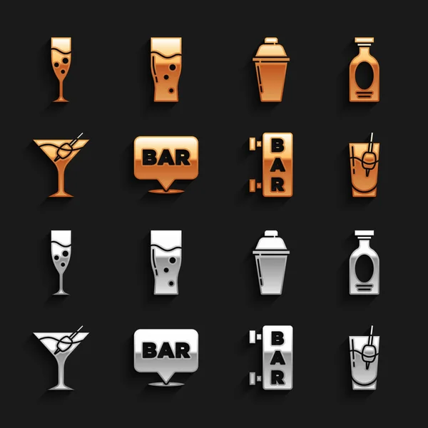 Set Ubicación del bar Alcohol, bebida Ron, Cocktail Bloody Mary, letrero de la calle con Bar, vaso Martini, coctelera, copa de champán y cerveza icono. Vector — Archivo Imágenes Vectoriales