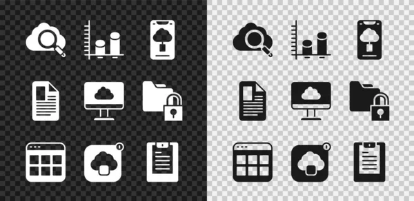 Establecer Búsqueda computación en la nube, Análisis de datos, Transferencia de datos de tecnología en la nube, Archivos de navegador, Servidor, informe, Documento de archivo e icono. Vector — Archivo Imágenes Vectoriales