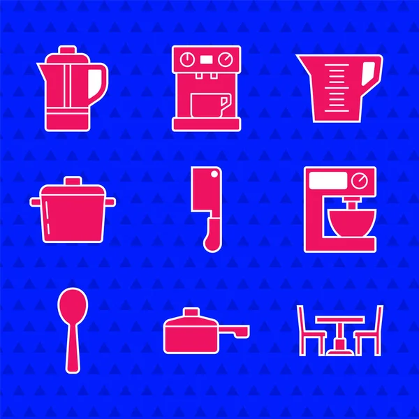 Set tocător de carne, tigaie, masă din lemn cu scaun, mixer electric, lingură, oală de gătit, ceașcă de măsurare și pictogramă ceainic. Vector — Vector de stoc