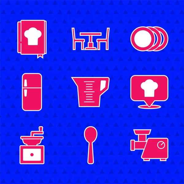 Ορισμός Κύπελλο μέτρησης, Κουτάλι, μηχανή κιμά κουζίνας, Chef καπέλο με θέση, εγχειρίδιο καφέ, ψυγείο, πιάτο και Cookbook εικονίδιο. Διάνυσμα — Διανυσματικό Αρχείο