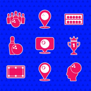 Yeri bilardo topu, bowling, ödül kupası, bilardo masası, raptiye ve top simgesi ile belirleyin. Vektör