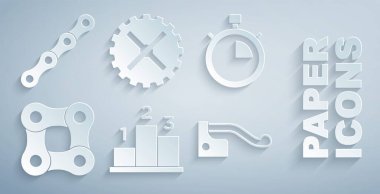 Ödül ödüllerini spor podyumu, Stopwatch, bisiklet zinciri, fren, sproket krank ve ikon üzerinden belirleyin. Vektör