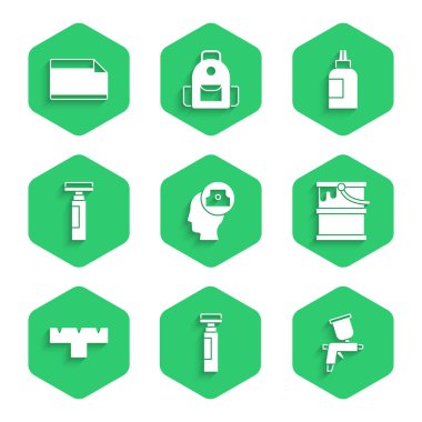 Sprey sprey kapağı, fosforlu kalem, boya spreyi, kova, eklenti, boya, guaj, kavanoz, boya ve yapıştırıcı simgesi. Vektör