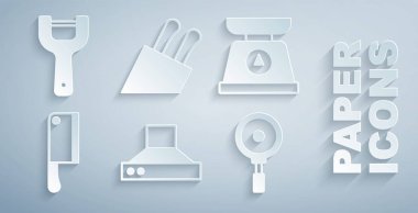 Mutfak vantilatörünü, pulları, et helikopterini, kızartma tavasını, bıçağı ve sebze soyacağı ikonunu hazırlayın. Vektör