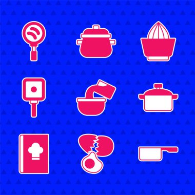 Saucepan, kırık yumurta, tencere, yemek kitabı, kızartma, meyve sıkacağı ve ikon. Vektör