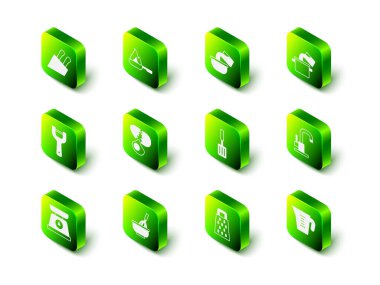 Kızartma tavası, tencere, yemek pişirme kabı, su musluğu, ölçme kabı, barbekü spatulası, Grater ve Kitchen çırpma kabı ve kase ikonu. Vektör