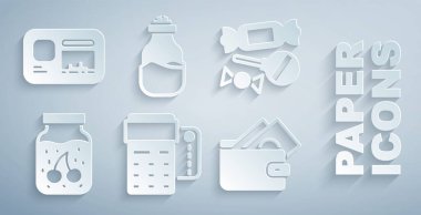 POS terminalini kredi kartı, şeker, reçel kavanozu, cüzdan parası, baharat kutusu ve kimlik kartı ikonu ile ayarla. Vektör