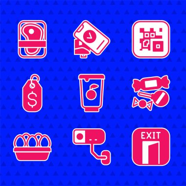 Yoğurt kabı, güvenlik kamerası, yangın çıkışı, Candy, tavuk yumurtası kutusu, dolar etiketli fiyat etiketi, QR kodu ve et paketleme ikonu. Vektör