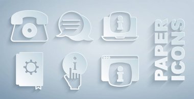 Bilgiyi Ayarla, bilgili dizüstü bilgisayar, Kullanıcı Kılavuzu, Monitor FAQ, Konuşma balonu sohbeti ve Telefon 24 saat destek ikonu. Vektör