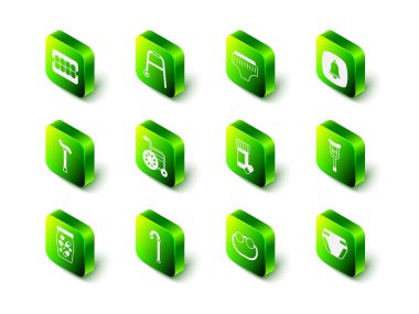 Set Walker, yetişkin bezi, acil telefon çağrısı, koltuk değneği ya da koltuk değneği, ilaç şişesi ve haplar, gözlük ve baston ikonu. Vektör