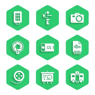 Fotoğraf ve video çekimini ayarla, senaryo tahtada, oyuncu fragmanı, MP3 dosya belgesi, film makarası, kamera deklanşörü, kamera ve Softbox ışık simgesi. Vektör