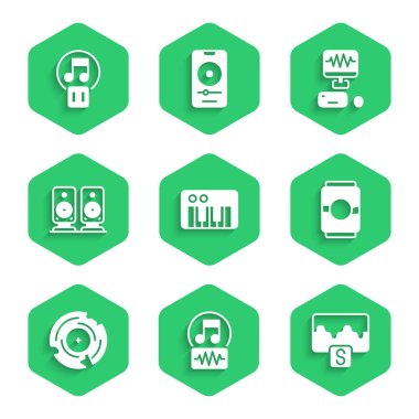 Müzik sentezleyiciyi, notayı, tonu, dalga eşitleyiciyi, bira kutusunu, vinil diski, müzik seti hoparlörünü, kayıt stüdyosunu ve bekleme düğmesi simgesini ayarla. Vektör