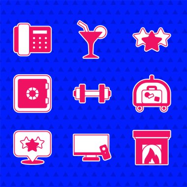 Dumbbell, Smart TV, şömine, otel bagajı, Stars derecesi, kasa ve telefon ahizesi ikonu. Vektör