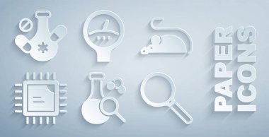 Test tüpünü, deney faresini, işlemci işlemcisini, büyüteç ölçeği ve ilaç ikonunu ayarla. Vektör