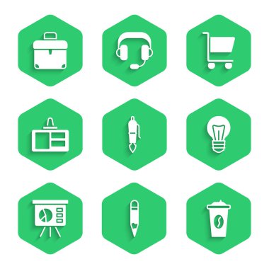 Çeşme kalem ucu, kalem ucu, kahve fincanı, ampul, grafikli pano, kimlik kartı, alışveriş arabası ve evrak çantası ikonu. Vektör