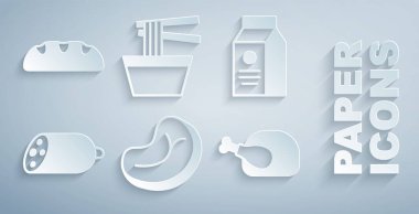 Biftek, süt paketi, salam sosisi, kızarmış hindi tavuk, kasede Asya eriştesi ve ekmek ikonu. Vektör