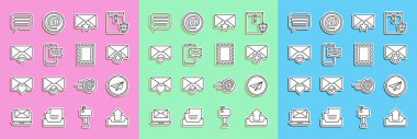 Satır Gönderen Kutusu, Kağıt Uçak, Zarf ayarı, yıldız, mobil ve zarf, Konuşma, Baloncuk Sohbeti ve Posta Damgası simgesiyle ayarla. Vektör