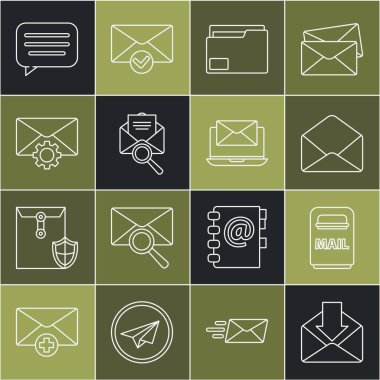 Satır Zarfı, Posta Kutusu, Belge dizini, büyüteç, ayar, konuşma balonu sohbeti ve dizüstü bilgisayar zarfı simgesi ile ayarlayın. Vektör