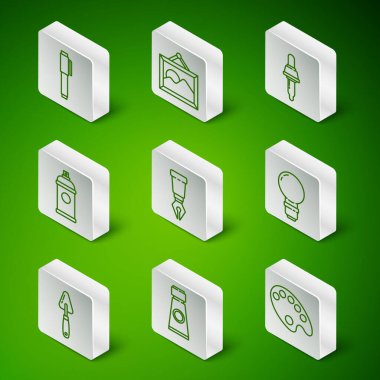 Palet hattı, paletli tüp kalem ucu, dolmakalem ucu, boya spreyi, resim manzarası, bıçak ve ampul ikonu. Vektör