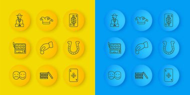 Set hattı poker oyuncusu, kumar makinesi, kumarhane fişleri, golf sopalarıyla kağıt oynamak, at nalı, elmas oynayan papaz ve Joker ikonu. Vektör